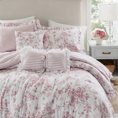 Juego de edredón de campo francés de 5 piezas delicada ropa de cama con flecos con volantes y almohadas Foto 1 de 4