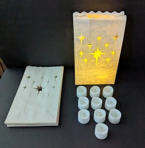 Set of 10 Off-White Star Pattern Luminaries & 10 Battery Operated Votive Candles - Picture 1 of 8