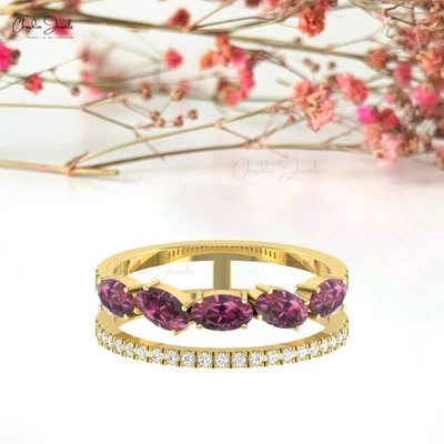 Anillo de granate rodolita de 1,1 quilates de oro de 14 k con diamantes apilables banda de vástago dividido para ella Foto 1 de 4