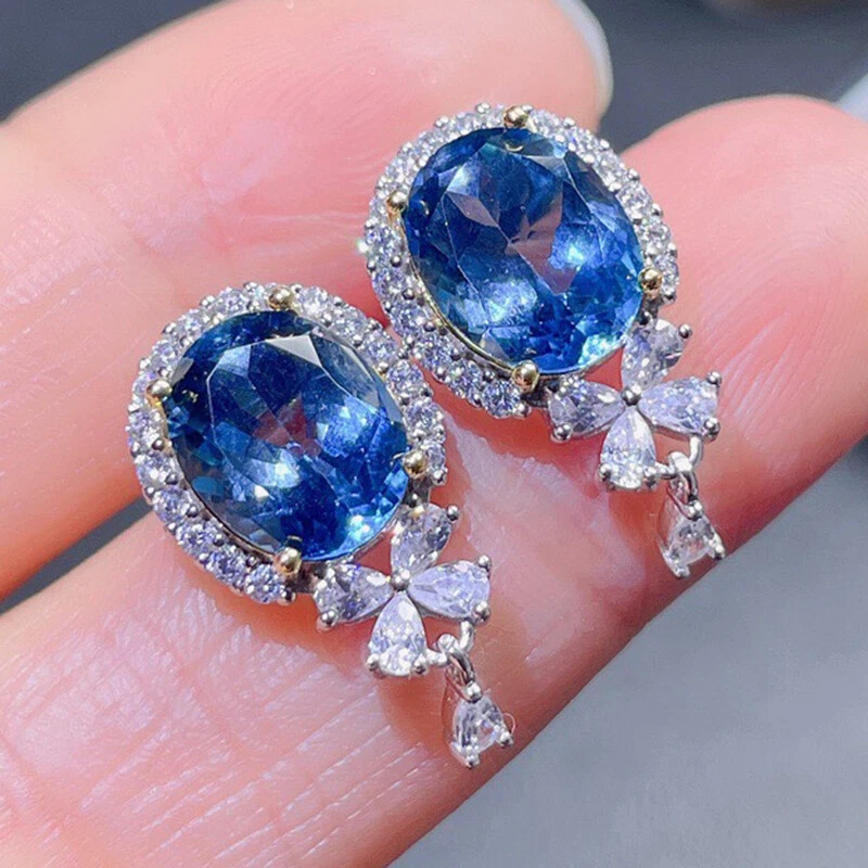New Cute Design Oval Blue Topaz Mix Color Charming Women Stud Silver Earrings - Image 1 of 4