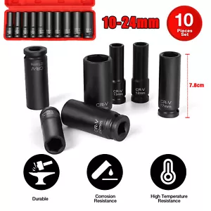 10Pc 1/2" Drive Short Deep Impact Socket Set Cr-V Metric 10-24MM with Case - Picture 1 of 12
