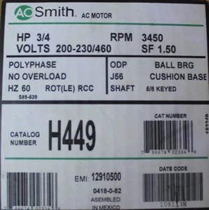 H449 A.O. SMITH ¾ HP RPM: 3450 Voltage: 200-230/460 Frame: 56 - Picture 1 of 3