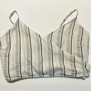 RAILS Large White Khaki Blue Stripe Smocked Wrap Crop Top Juliana Coco Linen - Picture 1 of 12