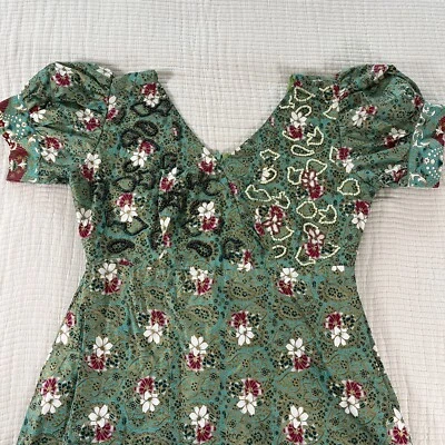 Dotun Dongo Dress Womens XL Green Floral Maxi Beaded Cottagecore Regencycore - Image 1 of 4
