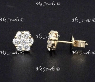 14k solid Yellow gold diamond  stud earring  cluster 0.85 ct  VS Quality  - Image 1 of 4