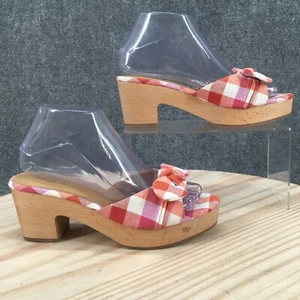 J Crew Sandals Womens 7 Casual Slip On Checkered Wooden Clogs BQ434 Red White - Picture 1 of 17