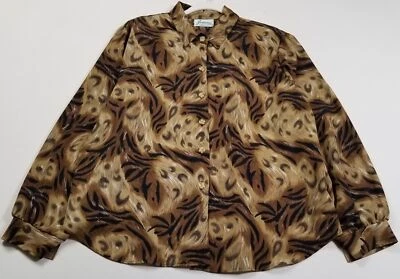 Camisa vintage Joanna abotonada para mujer 20W Plus negra marrón estampado animal Top años 90 Foto 1 de 4