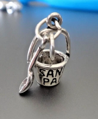 3D 12x18mm Movable says Sand Pail Bucket & Shovel Beach Sterling Silver Charm - Image 1 of 4