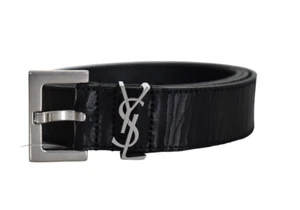 Cintura SAINT LAURENT Nero Solido PELLE CRACKATA YSL-LOGO CASSANDRE IT-100 US-40 - Foto 1 di 14