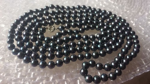 VETEMENTS Collana lunga 72'' originale 8mm perle tonde nere conchiglia dei mari del sud