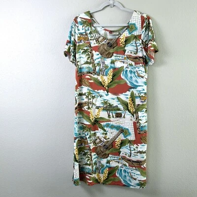 Vestido Hilo Hattie Midi Hawaiano Talla M Isla Palmera Barco Océano Manga Corta EE. UU. Foto 1 de 4