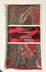 Christmas Paisley Napkins Set Of 4 NIP Red Green Holiday Things Polyester - Picture 1 of 4