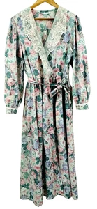 VTG 80s Komar Floral Lace House Robe Dress Cottage Granny Victorian Pockets SZ L - Picture 1 of 14