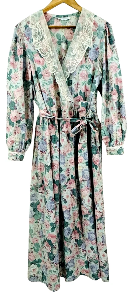 VTG 80s Komar Floral Lace House Robe Dress Cottage Granny Victorian Pockets SZ L - Image 1 of 4