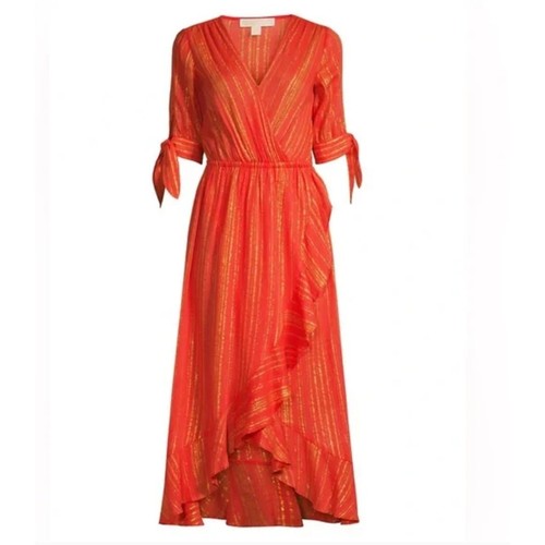 Abito nuovo con etichette MICHAEL MICHAEL KORS crepe metallizzato con volant avvolgente in sangria XS