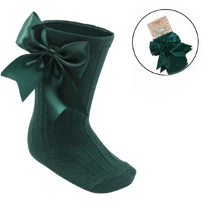 Baby Girls Knee High Satin Bow Socks Forest Green Soft Touch 0-24 Months UK - Picture 1 of 2