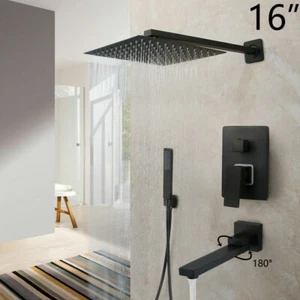 16 "Grifo de ducha de baño negro Set Cabezal de ducha cuadrado Bañera Mezclador Grifo de montaje en pared - Imagen 1 de 10
