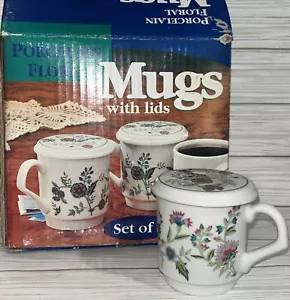 Set 4 tazze da tè NOS vintage circa 1998 nuove con scatola con coperchi porcellana floreale - Foto 1 di 12