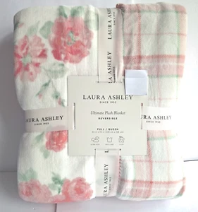 Laura Ashley Reversible Pink Roses Floral Full/Queen 90 x 90 White Blanket Plaid - Picture 1 of 11