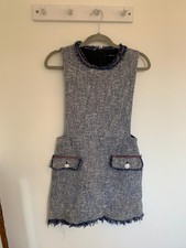 ZARA Tweed Boucle Pinafore Frayed Dress Blue Sz Medium 10 12 Bloggers Fav White