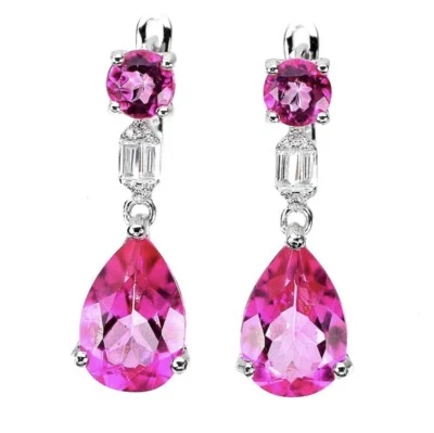 Natural Surface Coated Pear Pink Topaz 12x8mm Simulated Cz 925 Silver Earrings - Image 1 of 3