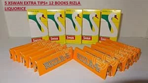 5 X SWAN EXTRA SLIM Filter Tips and 12 x Packet of RIZLA LIQUORICE ROLLING PAPER - Picture 1 of 3
