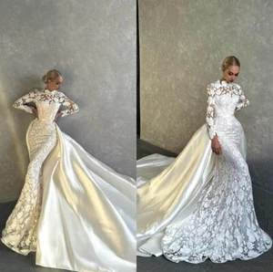 Wedding Dress Long Sleeve Mermaid Elegant Lace Layered Jewel Detachable Train - Picture 1 of 14