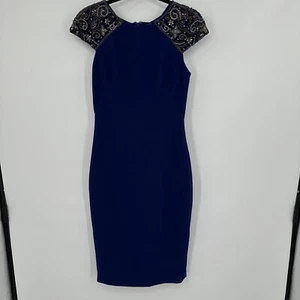 Badgley Mischka Ball Gown Women's 2 Indigo Blue Embellished Shoulders Cap Sleeve - Picture 1 of 13