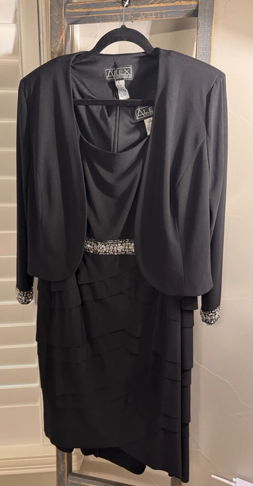 Alex Evenings 女式茶色长度装饰夹克黑色连衣裙 18 码 — 第 1/4 张图片