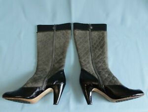 TARYN ROSE Knee High Boots Sugar Size 8.5M Patent Leather Suede Black Gray