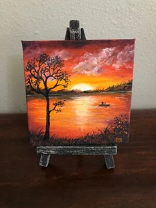 Miniature original oil painting with easel, Sunset at the Lake - Picture 1 of 6