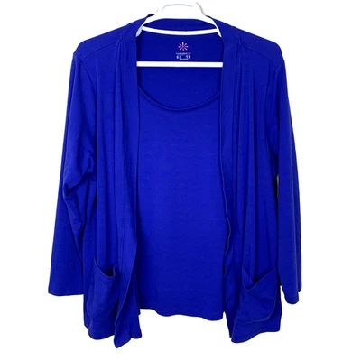 Cárdigan Isaac Mizrahi Live para mujer 2X frente abierto incorporado cami sin mangas algodón azul Foto 1 de 4