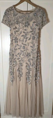 Adrianna Papell Beaded Short Sleeve Floral Godet Gown Taupe Pink Sz 10 Petite - Image 1 of 4