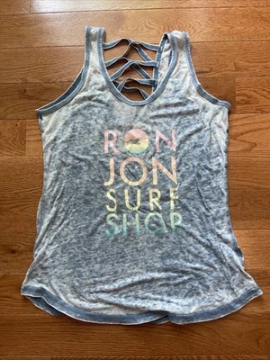 90s Y2K Ron Jon Surf Shop Tank Top Paper Thin Distressed Medium Blue Back Straps - Image 1 of 4