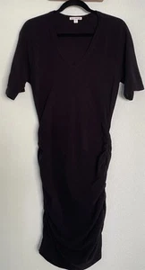 James Perse Dress Ruched Bodycon Black Sz 2 (M) Midi Stretch Capsule Minimalist - Picture 1 of 12