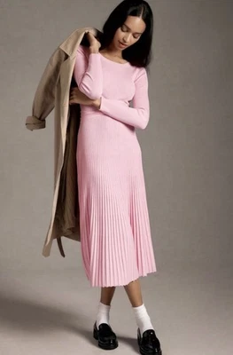 Vestido midi suéter cintura torcida tejido acanalado manga larga mediano Anthropologie Foto 1 de 4