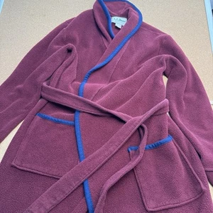 L.L Bean Womens Fleece Robe Medium Regular Burgundy Blue trim Belted bathrobe - Picture 1 of 19