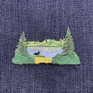 Lake Scene & Loon Applique Patch - Embroidered Pond Duck Trees Nature Badge 4" - Picture 1 of 2