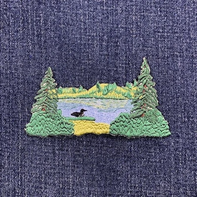 Lake Scene & Loon Applique Patch - Embroidered Pond Duck Trees Nature Badge 4" - Image 1 of 2