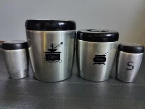 Vintage West Bend Aluminium Kanister 2er Set schwarze Deckel & Salz-/Pfefferstreuer - Bild 1 von 12