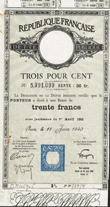 FRANCE REPUBLIC 3% BOND stock certificate/bond 1940 - Picture 1 of 1
