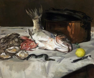 FISH STILL LIFE PAN OYSTERS LEMON KNIFE 1864 FRENCH PAINTING BY E. MANET REPRO - Picture 1 of 3