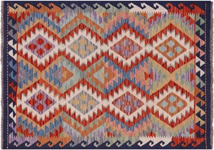 3 Fuß 8 Zoll x 5 Fuß 1 Zoll Kelim Flachgewebe Wende Wolle auf Wollteppich - Q17898 - Bild 1 von 6