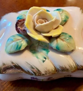 VTG Trinket Box, Stamped "Made in Japan," Pink Porcelain with Yellow Rose - Picture 1 of 6