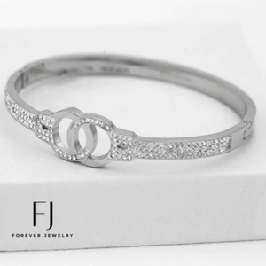Womens 6.5" Stainless Steel CZ Iced handcuffs Bangle Bracelet High Polish*Box - Picture 1 of 3