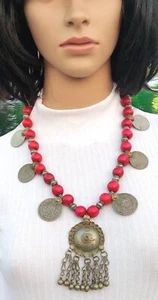Handmade Kuchi Banjara Afghan Tribal Gypsy Wooden Beads Coins Pendant Necklace - Picture 1 of 3