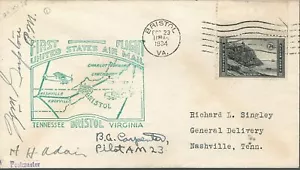 US First Flight Cover Bristol VA to Nashville TN 1934 Signed Pilot BA Carpenter - Picture 1 of 2