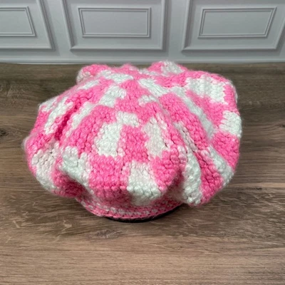 Hecho a mano Crochet Rosa Blanco Cuadros Boina Sombrero Gorro Gorra Mujeres Foto 1 de 4