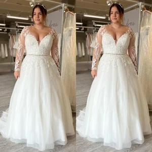 Vestidos de novia talla grande cuello en V blancos mangas largas tul vestidos de baile de novia - Imagen 1 de 14