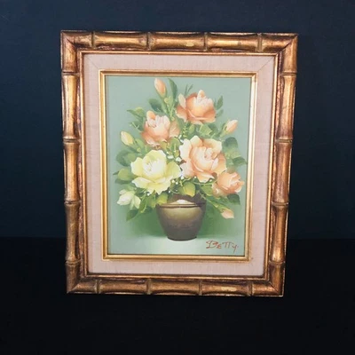 Vintage Original Oil Painting Roses Floral Signed Framed Art Gilded   - Image 1 of 4